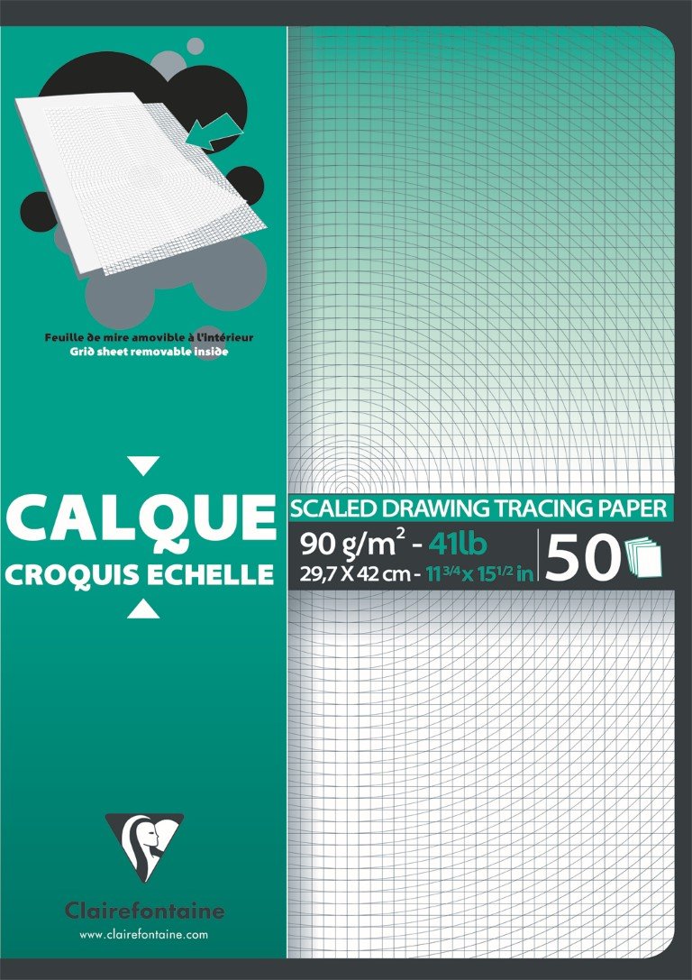 Clairefontaine, Ref 97132C, Scaled Grid Tracing Paper Pad (50 Sheets), A3 (297 x 420mm) in Size, 90/95gsm Paper, Acid Free