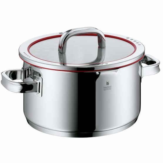 WMF cookware Ø 24 cm approx. 5,7l Function 4 Inside scaling lid - pour off or decant liquids without spilling to keep your dishes and cooker clean. Made in Germany hollow side handles glass lid Cromargan stainless steel brushed suitable for all stove tops including induction dishwasher-safe