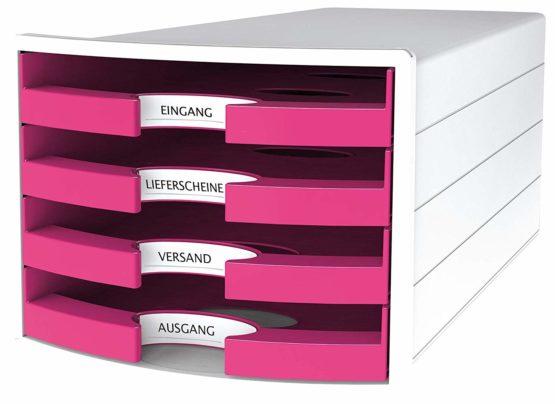 Han 1013-56 Impuls Drawer Box DIN A4/C4 4 Open Drawers White/ Trend Colour Pink