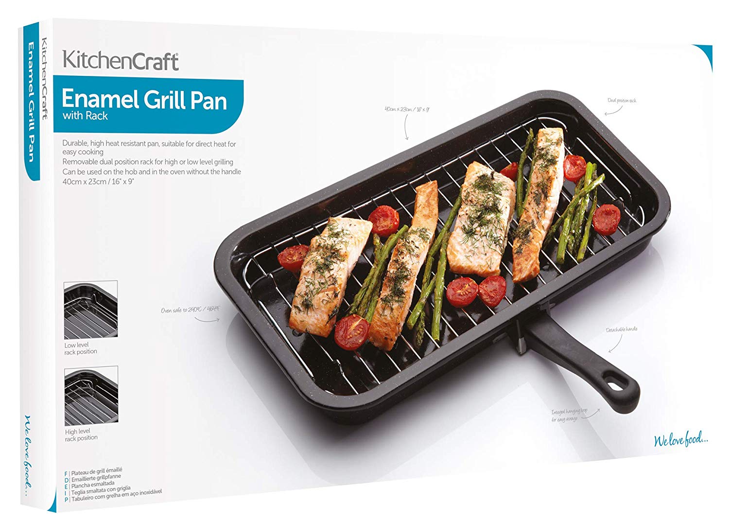 KitchenCraft Universal Enamel Grill Pan with Detachable Handle, 4 x 23 cm (15.5" x 9") - Black, 1.58L - Image 2