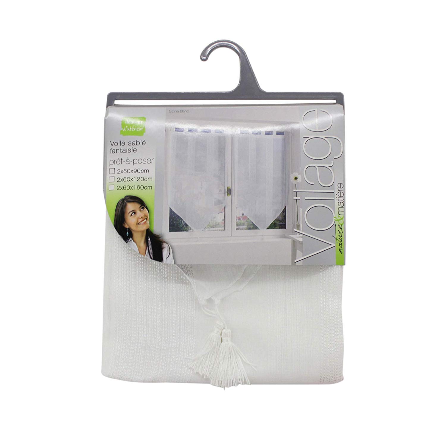 Douceur d'Interieur Voile Sable Salina 2-Net Curtain Pompon, Blanc, W 23.6" x L 63" (2 Panels) - Image 2