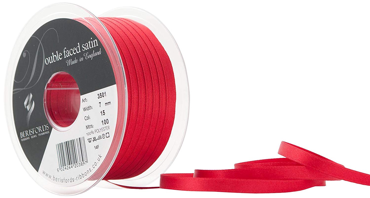 Berisfords 7 mm x 100 m Double Faced Satin Ribbon, Red