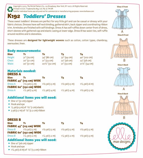Kwik Sew Patterns K0192OSZ,Toddlers Dresses,Sizes T1-T2-T3-T4, One Envelope (T1-T4) - Image 2