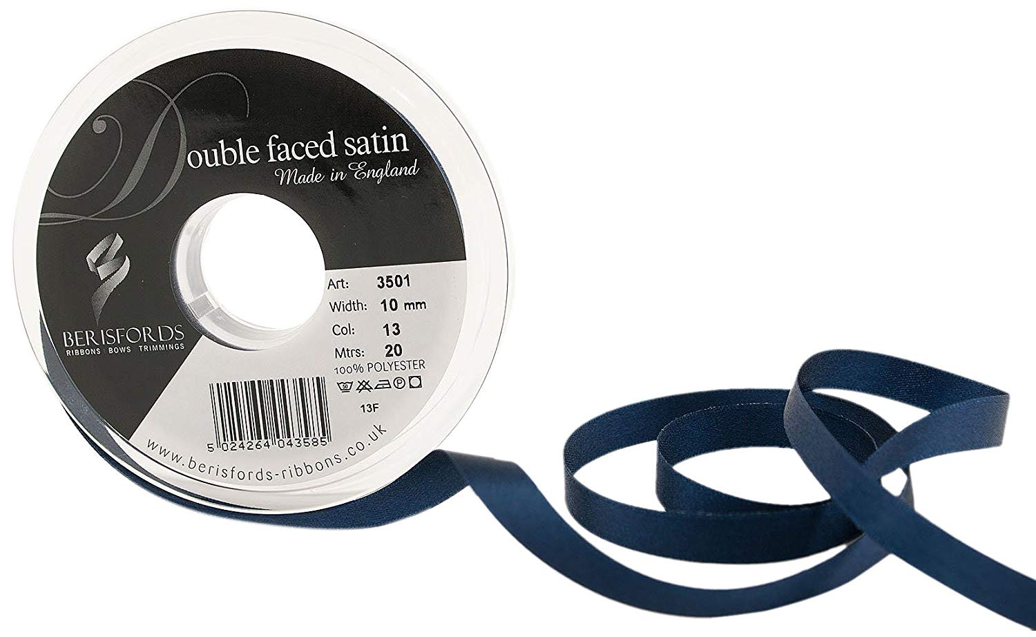Berisfords 3501 Double Satin Ribbon, Navy, 10 mm