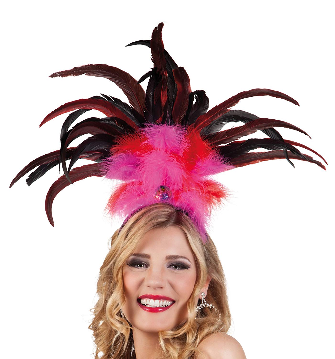 Boland Rio Feather Headband, Pink and Red Feather Headdress with Jewel Detail, Carnival, Samba