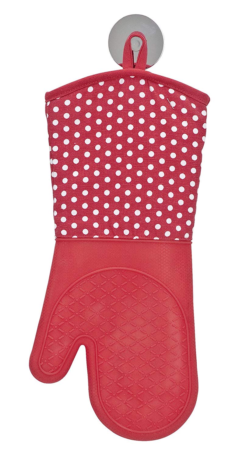 WENKO 2102168100 Oven gloves Silicone Red - 1 pair, Cotton, 18.5 x 3 x 37.5 cm, Red/White/Red - Image 2