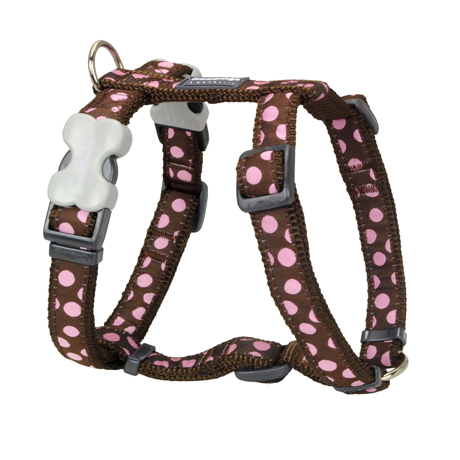 Red Dingo Classic Dog Harness Design, Pink Spots on Brown, Large 25mm