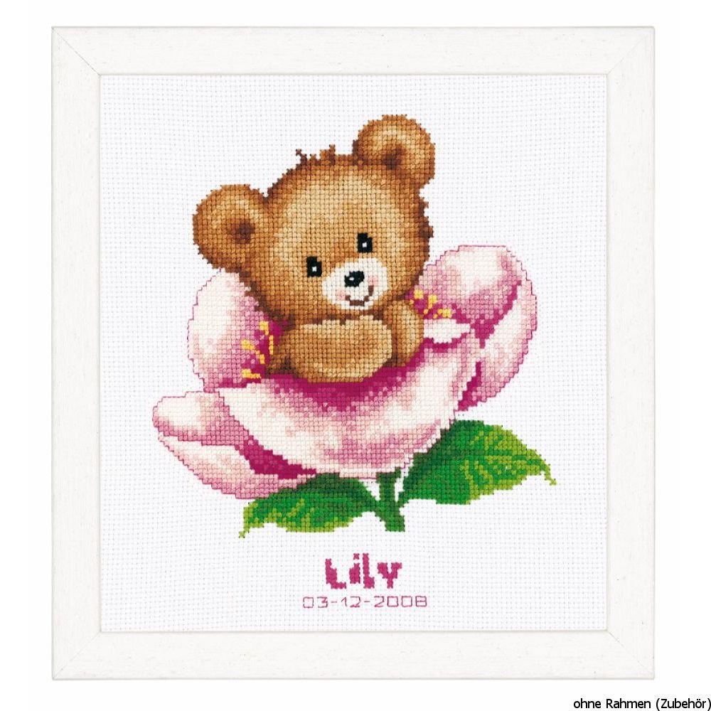 Vervaco"Flower Teddy Birth Record Counted Cross Stitch Kit, 100 Percent Cotton, Multi-Colour, 20 x 2 x 22 cm