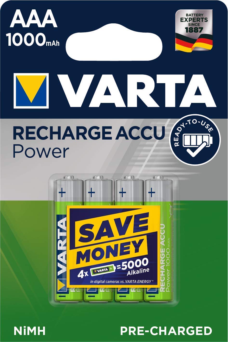 VARTA Rechargeable Ready2Use Pre-Charged AAA Micro Ni-Mh Battery (4-pack, 1,000 mAh), rechargeable without memory effect - Image 2