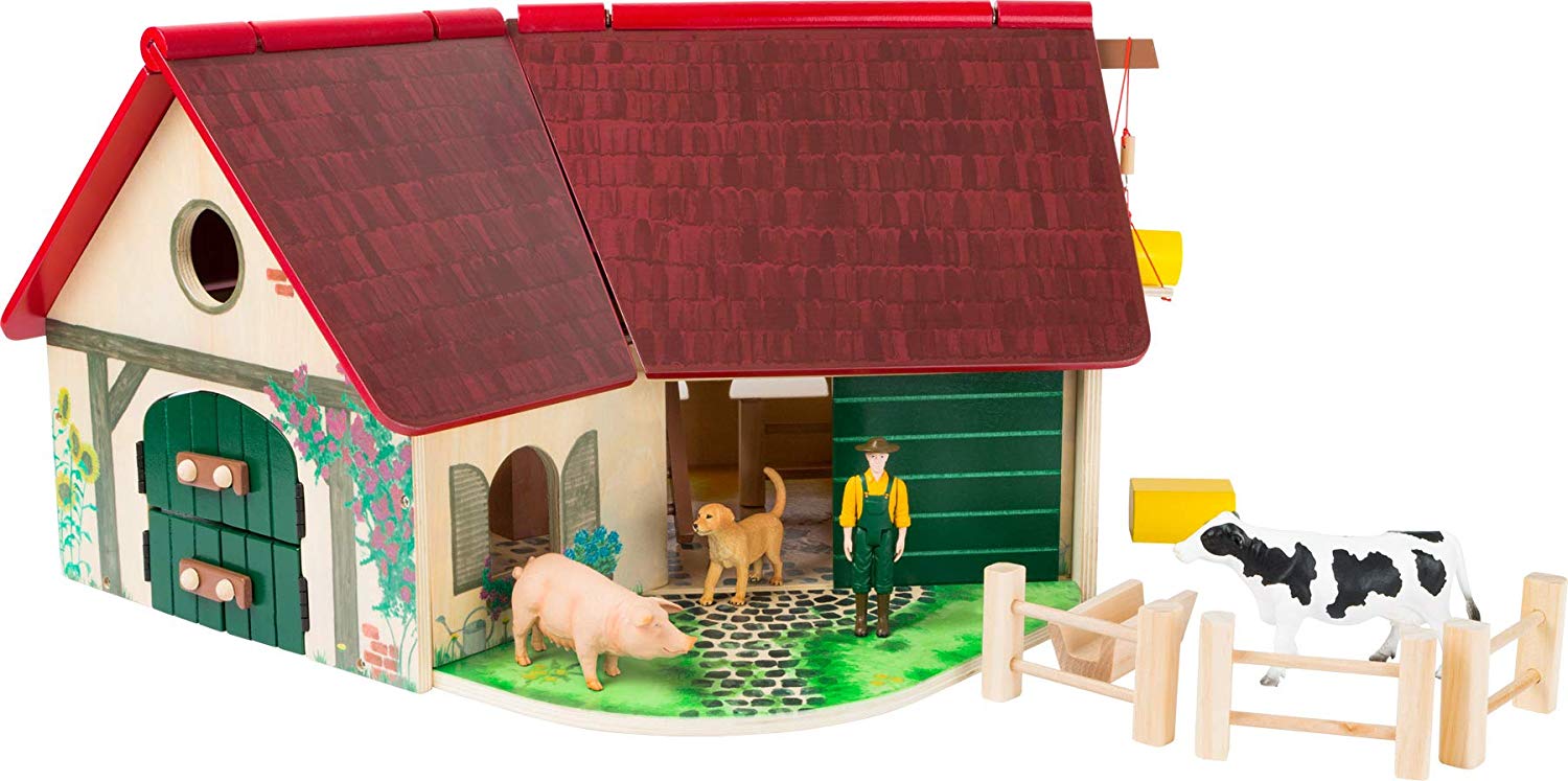 Woodfriends 11005 Wooden farm, with animals, fence, crane, ladder and farmer, 3 years and older, Multicolored, Large