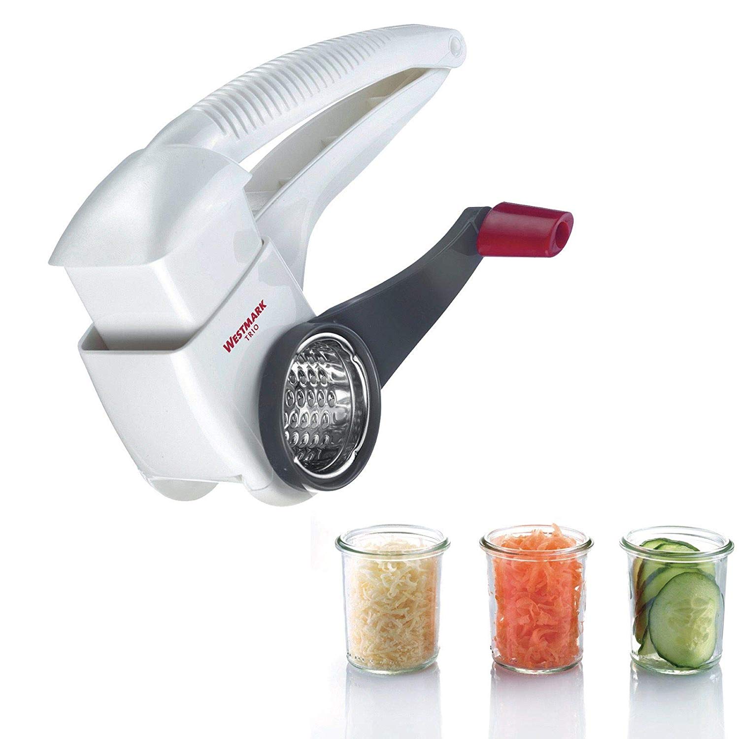 Westmark Drum Grater/Slicer With 3 Cutting Drums And Built-In Plunger, Stainless Steel/Plastic, Trio, White/Anthracite, 11722260
