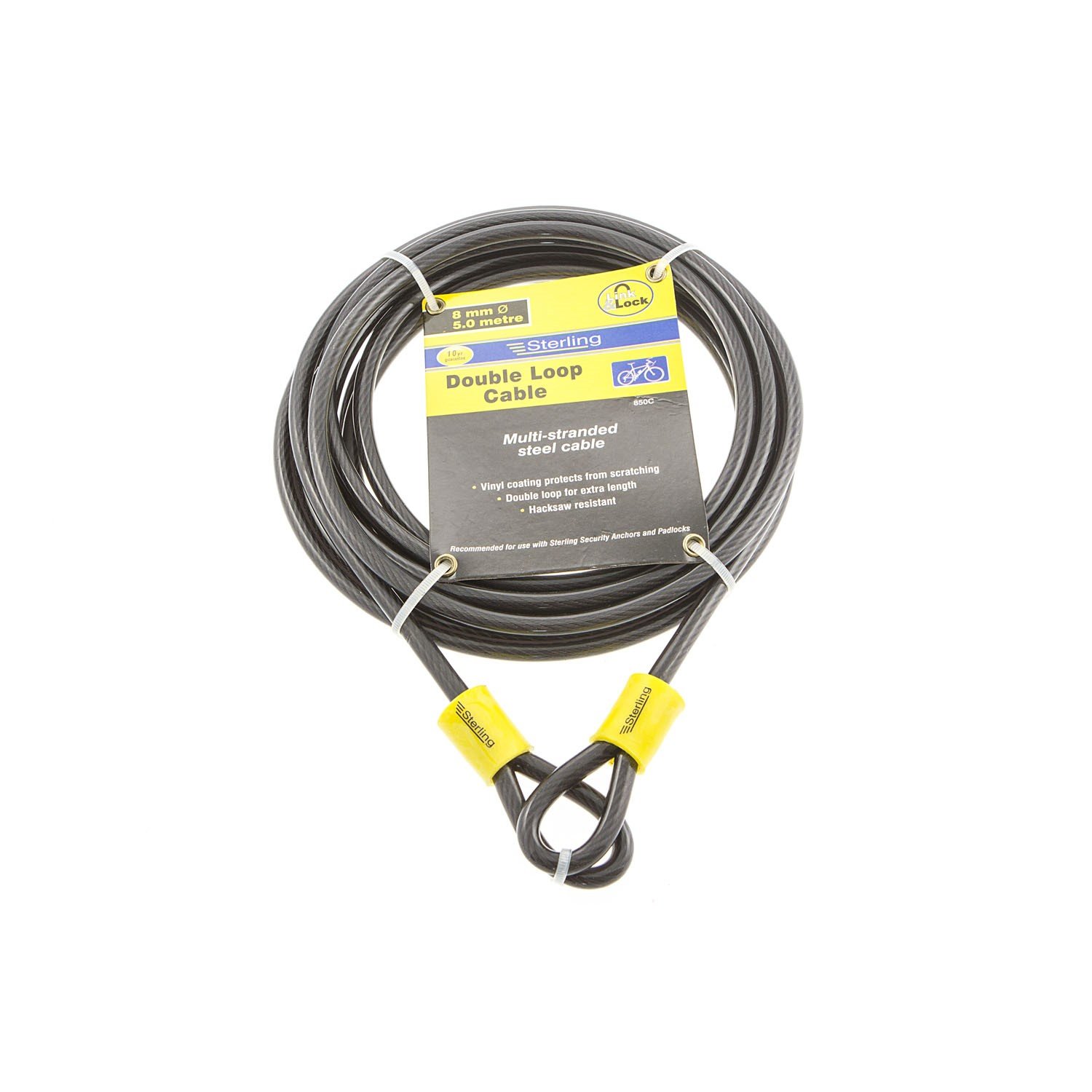 Sterling 850C 8mm x 5.0m Double Loop Vinyl Coated Multi-Stranded Braided Steel Cable - Black, 8mm x 5m
