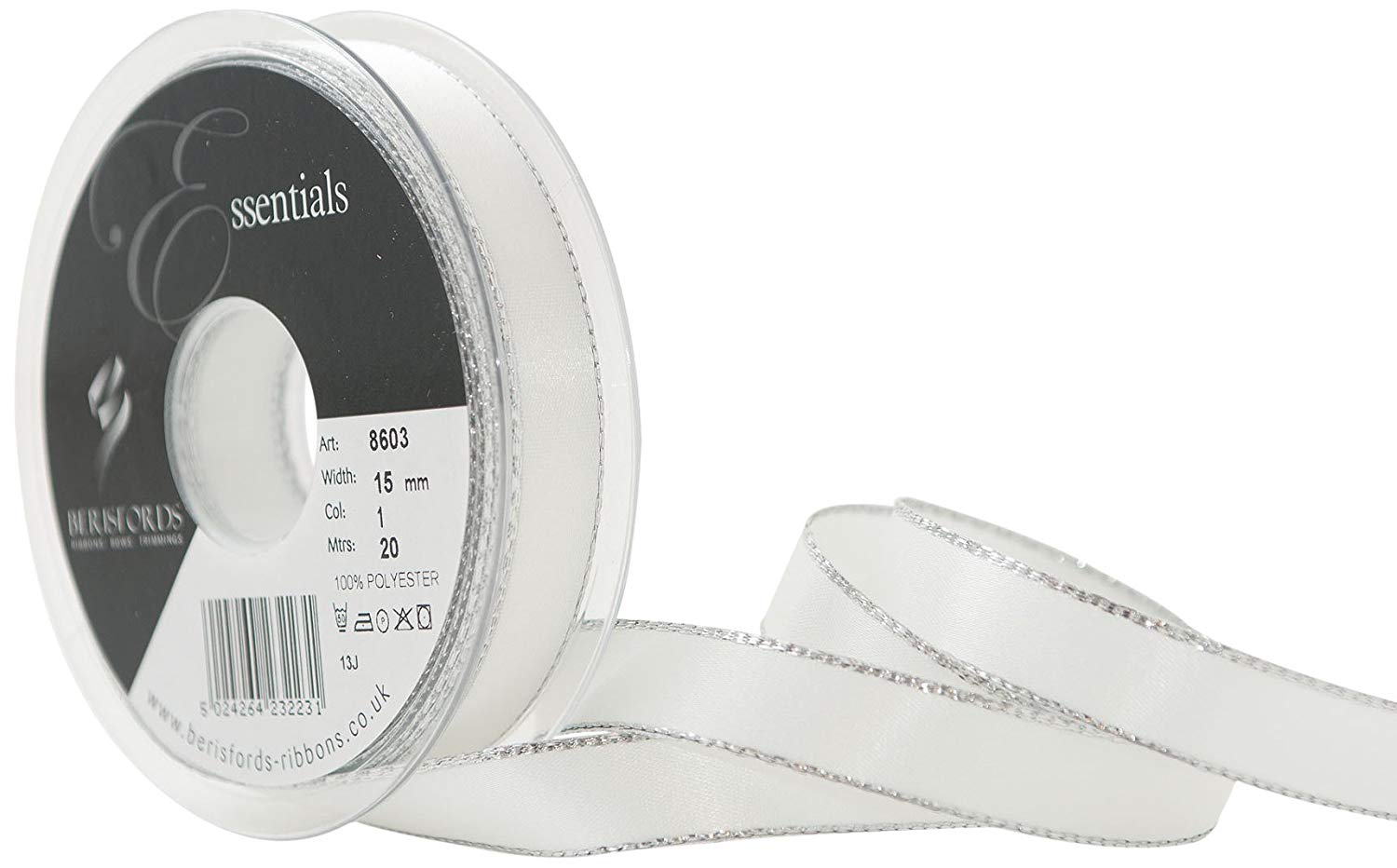 Berisfords 15 mm Silver Edge Satin Ribbon, White