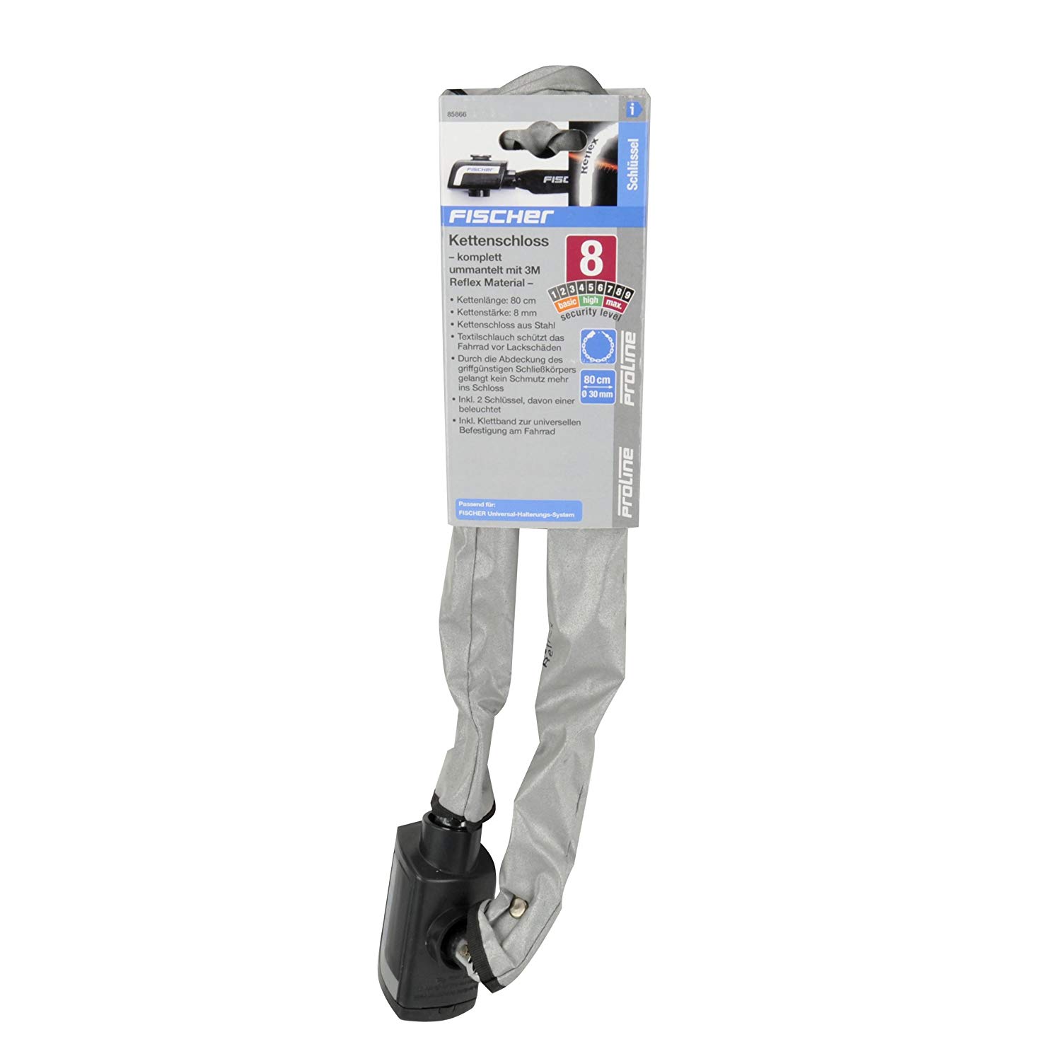 Fischer 85866 Bicycle Lock with Reflective Strips, Chain Lock, 80 cm, with 2 Keys, One with LED Light, With Key, Schloss mit Schlüssel - Image 2