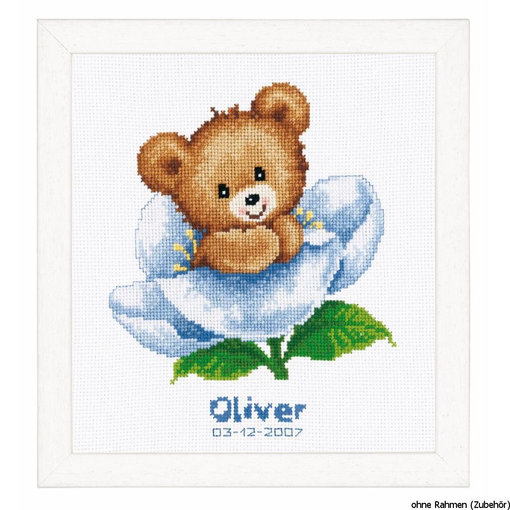 Vervaco"Flower Teddy Birth Record Counted Cross Stitch Kit, 100 Percent Cotton, Multi-Colour, 20 x 2 x 22 cm - Image 2