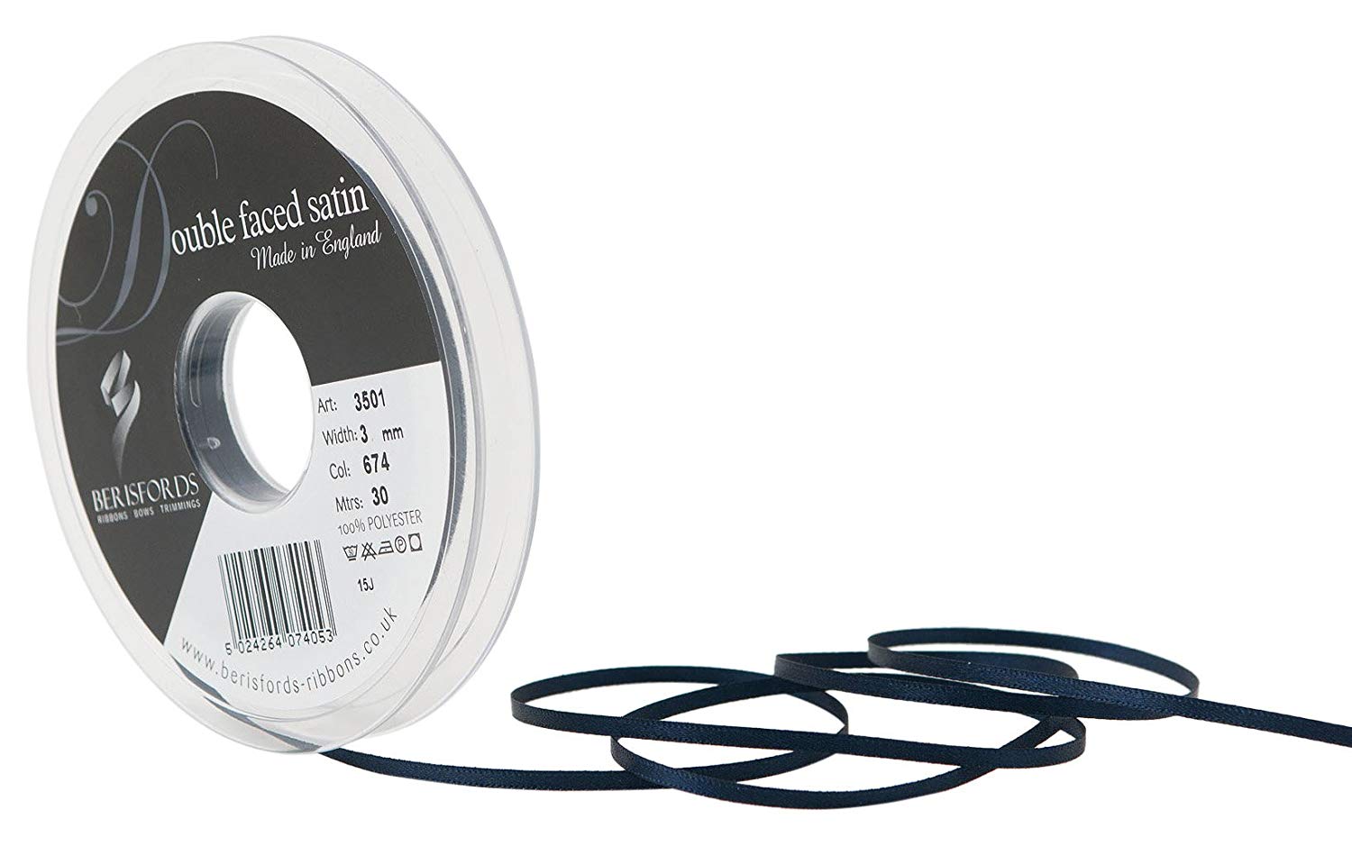 Berisfords Double FACE Poly Satin Ribbon, Midnight, 10.5x10.5x1.3 cm, 3 mm