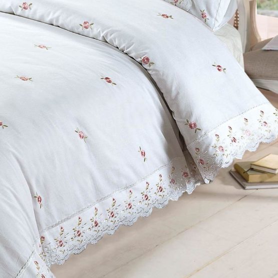 Sophie Duvet Quilt Cover Floral Lace Trim Embroidered Bed Set, Polyester-Cotton, White, Super-King - Image 3