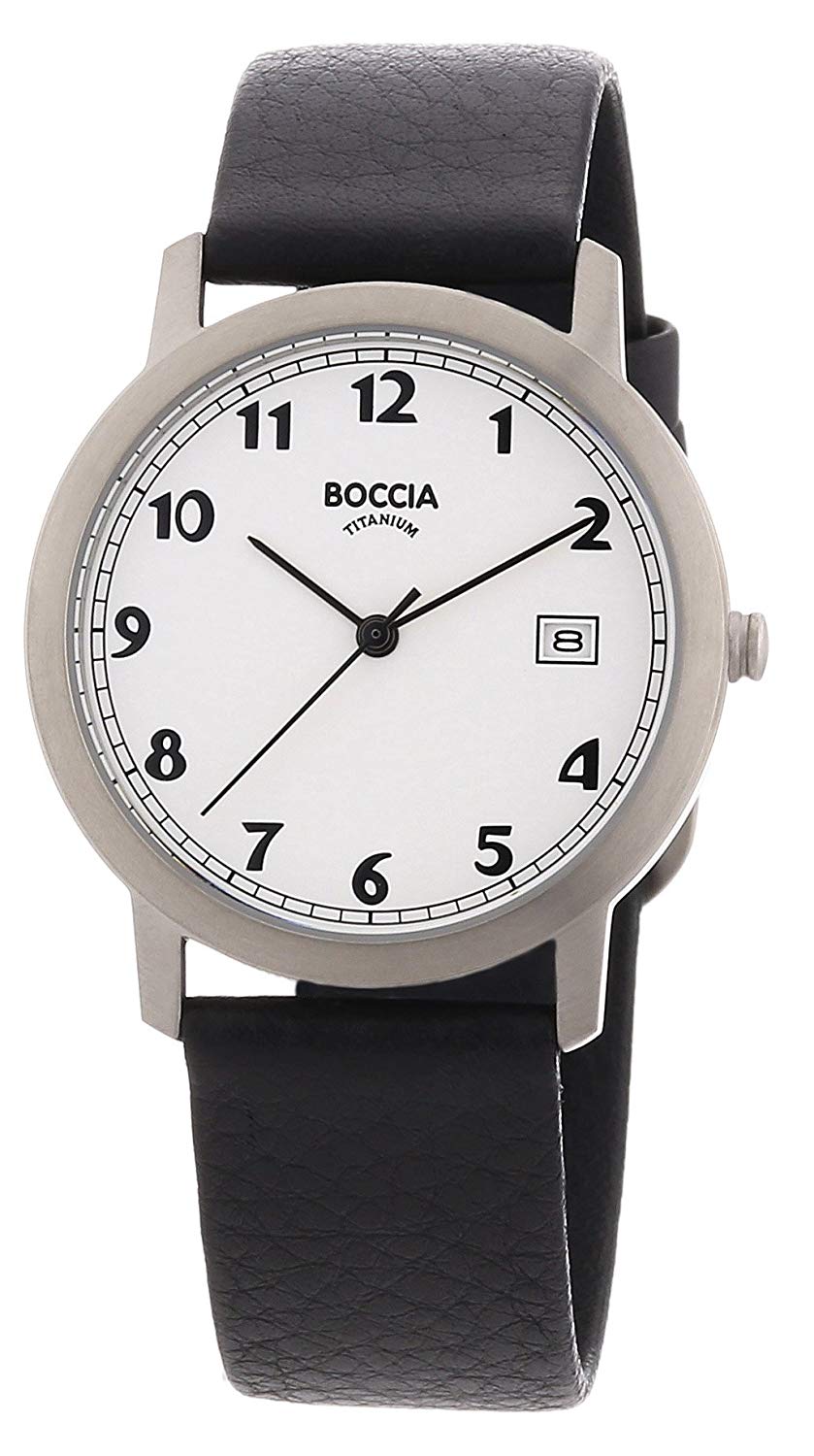 Boccia Men's Quartz Watch with Leather 510 95, Whtie/Black