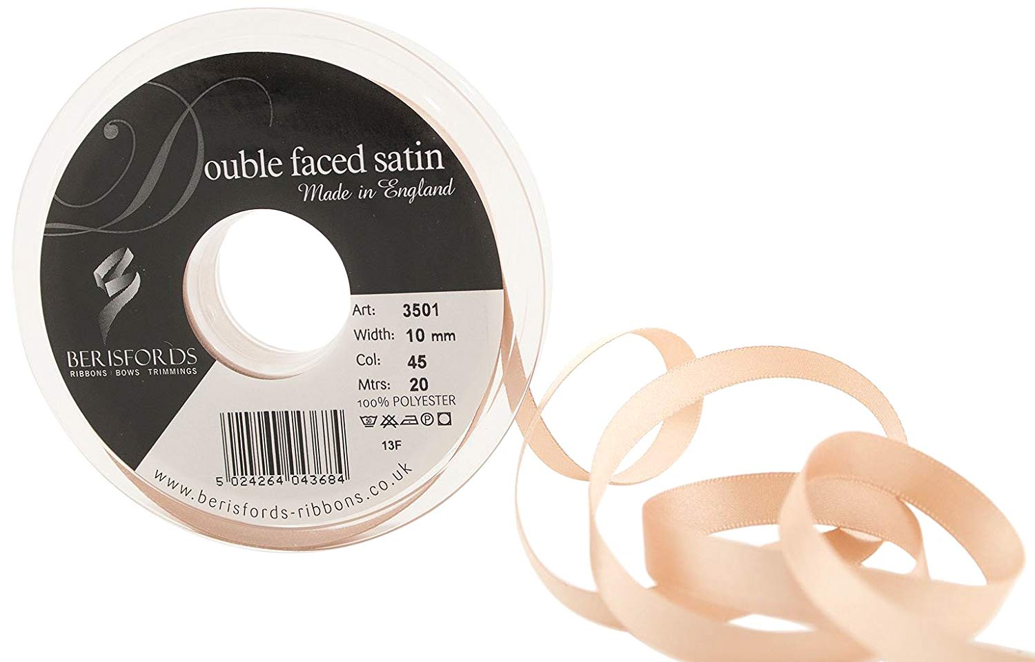 Berisfords Double Satin Ribbon, Ecru, 20 m, 3501-E-10, 10 mm