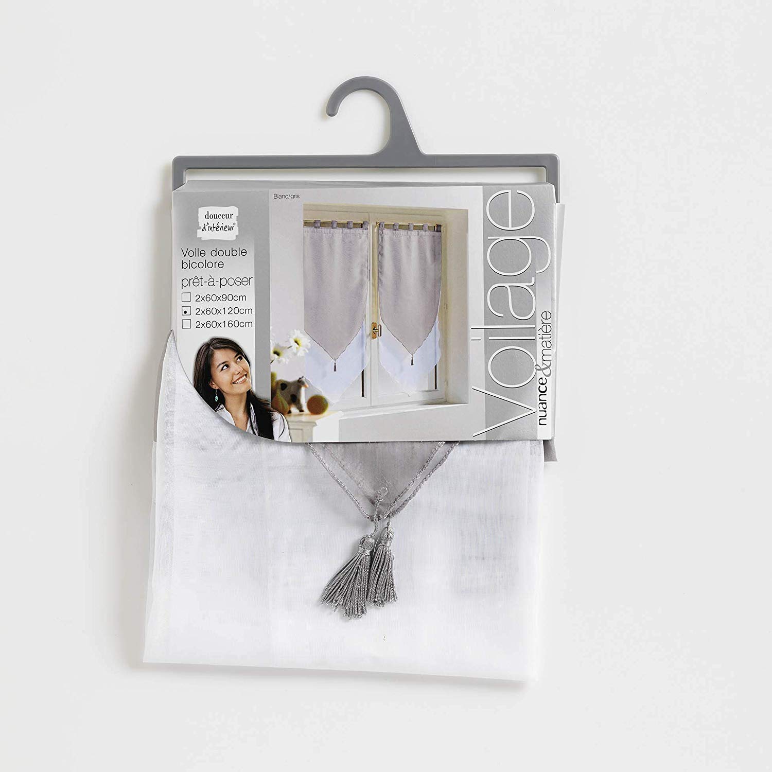 Douceur d'Interieur Voile Bicolour 2-Net Curtain Pompon, Blanc/Gris, W 23.6" x L 63" (2 Panels) - Image 3
