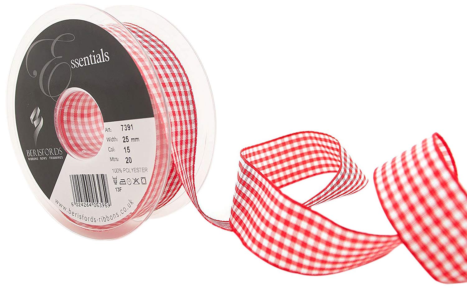 Berisfords 7391 20 m x 25 mm Traditional Check Gingham Ribbon, Red