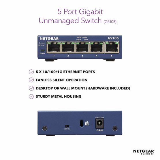 NETGEAR 5 Port Gigabit Ethernet Unmanaged Network Switch (GS105UK) - Ethernet Splitter, Plug-and-Play, Desktop or Wall Mount and Limited Lifetime Protection - Image 2