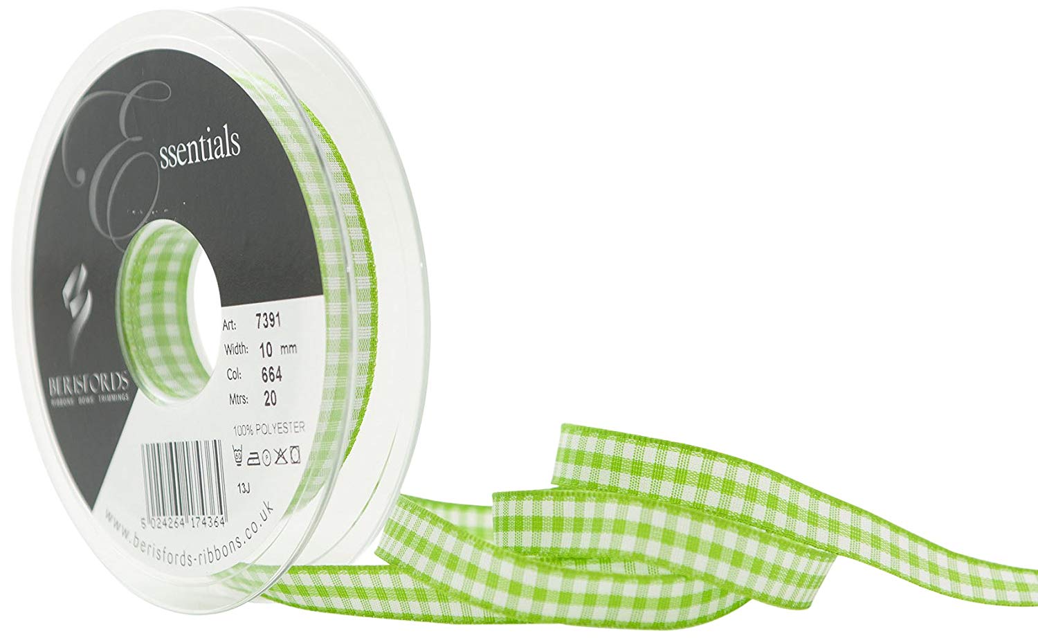 Berisfords 10 mm Gingham Ribbon, Green, 7391-GR-10