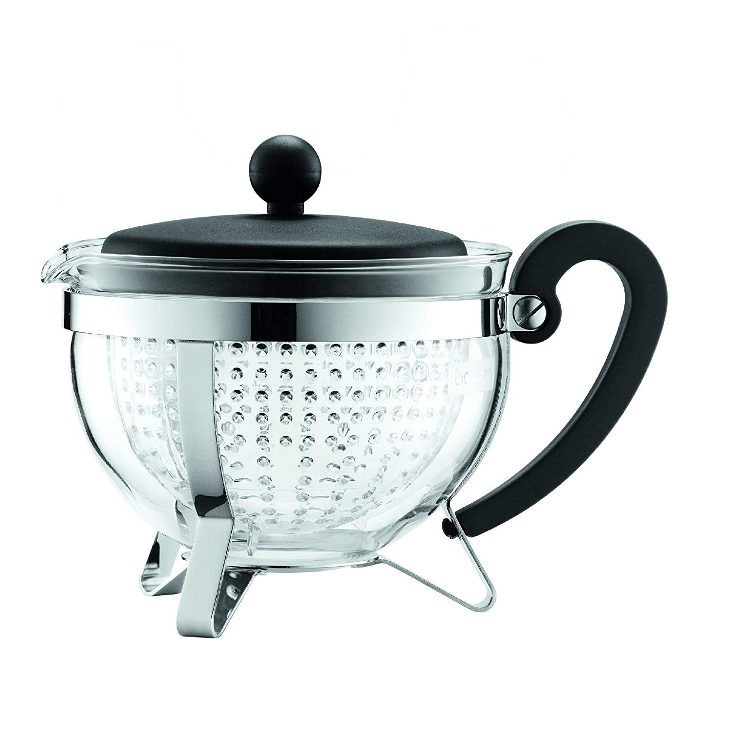 BODUM 1 Litre Borosilicate Glass Chambord Teapot with Coloured Handle Transparent Filter and Lid, Black, Width: 20.4 cm