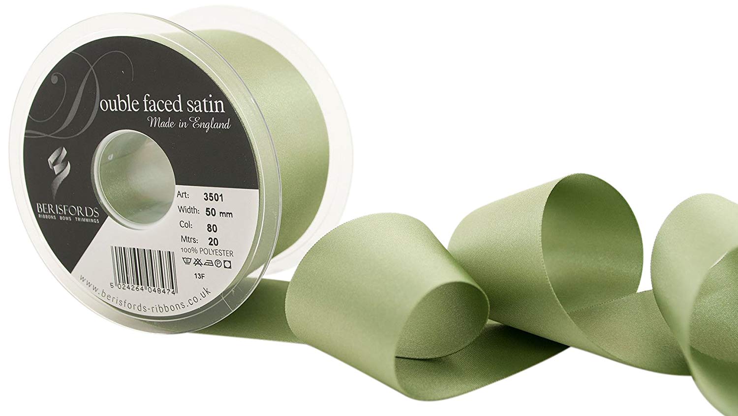 Berisfords Double Satin Ribbon, Khaki Green, 50 mm x 20 m