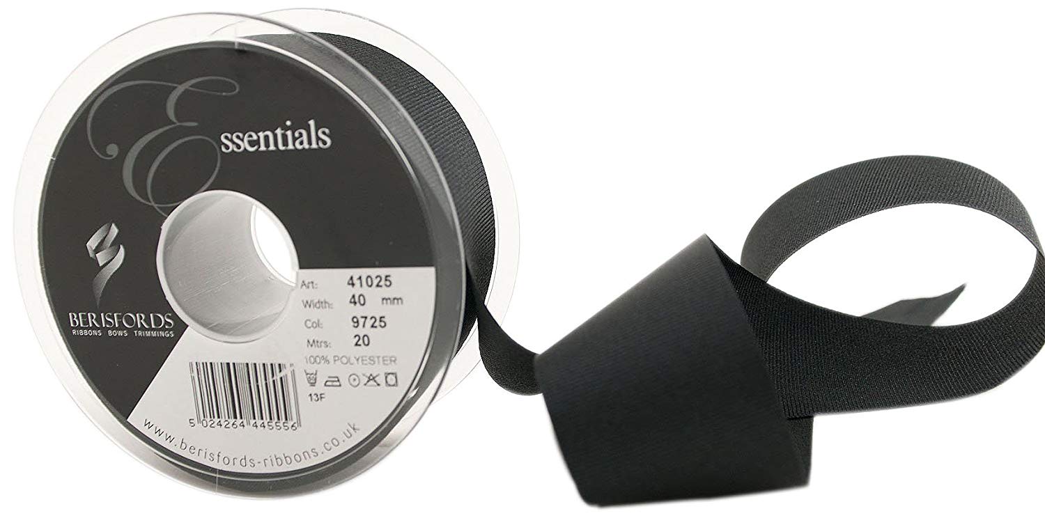 Berisfords 41025 20 m x 40 mm Polyester Grosgrain Ribbon, Black