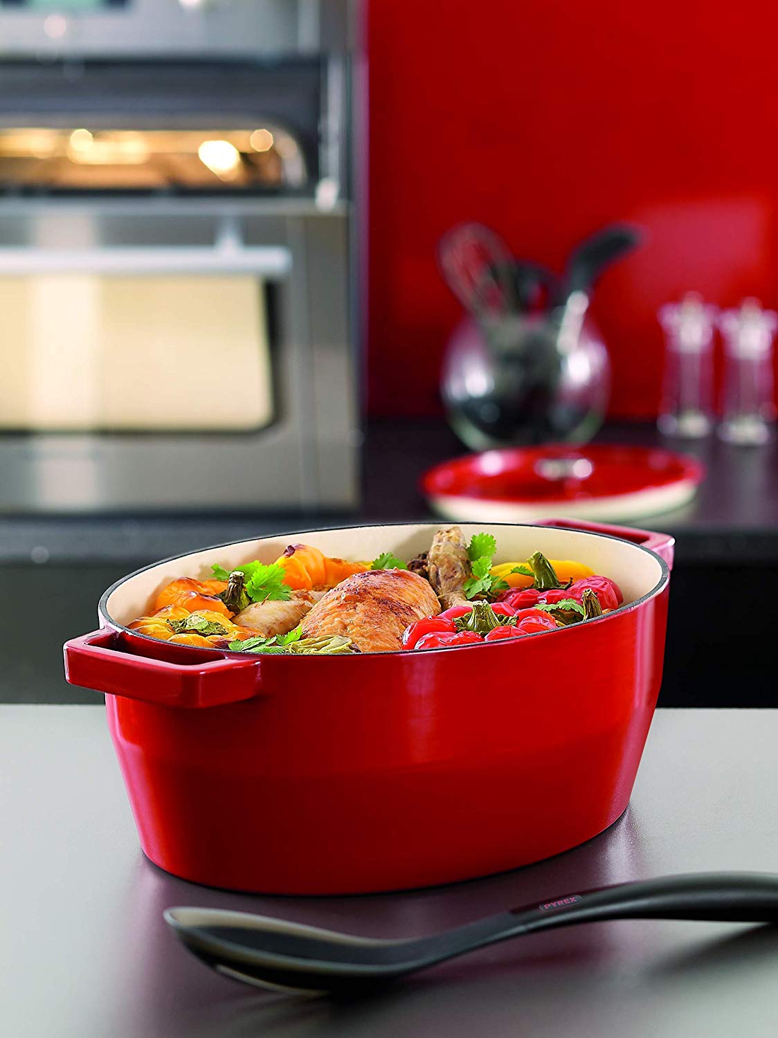 Pyrex 33 cm Oval Cast Iron Slow Cook Enamelled Casserole, Red, 5,8L - Image 4