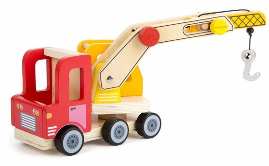 Small Foot 12008 Kranwagen aus Holz, vielen Funktionen, 360 Grad drehbar, Greifhaken mit Kurbelfunktion, herausfahrbarer Ausleger Toy, Multicoloured
