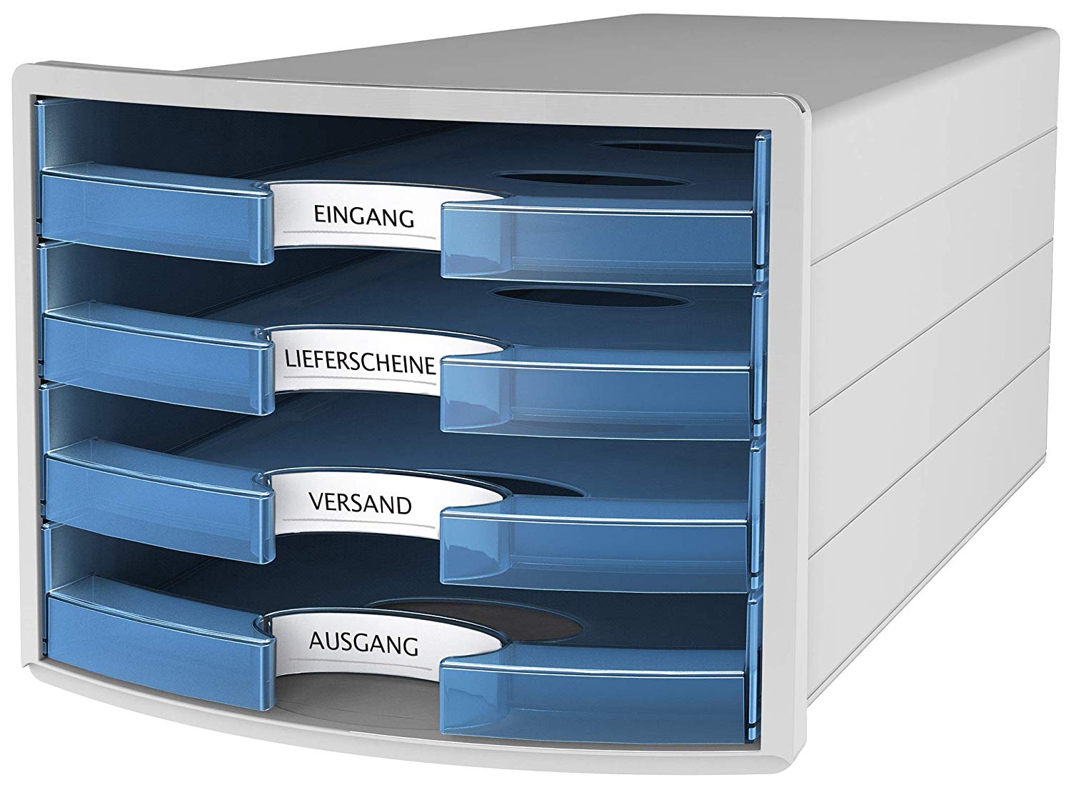 Han 1013-64 Impuls Drawer Box DIN A4/C4 4 Open Drawers Light Grey/Translucent Blue, Light Grey/Translucent-blue, 280 x 367 x 253 mm