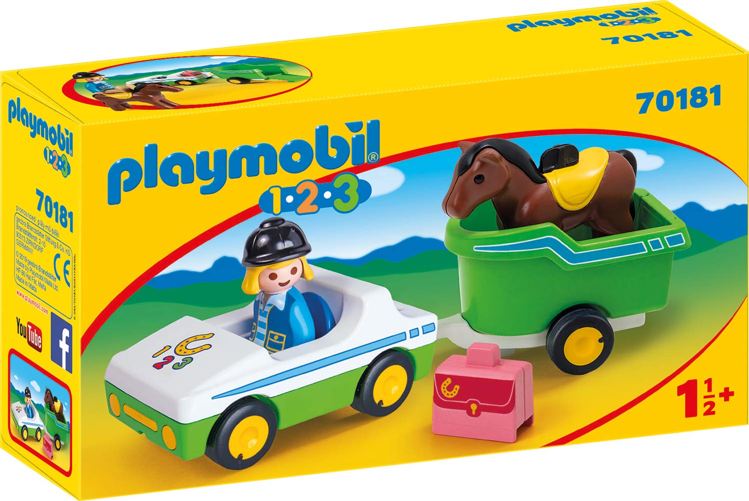 Playmobil 70181 1.2.3 Car with Horse Trailer, Fun Imaginative Role-Play, PlaySets Suitable for Children Ages 4+