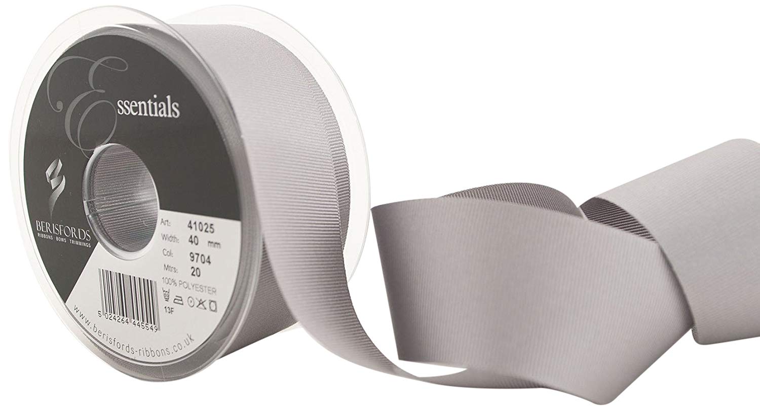 Berisfords 41025 20 m x 40 mm Polyester Grosgrain Ribbon, Grey, 40mm
