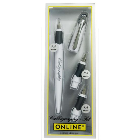 Online Calligraphy-Set, Soft pen Air White, Calligraphy nibs in 3 line widths 0.8 / 1.4 / 1.8 mm, Standard ink cartridges or converter, Gift set for calligraphy fans 10011