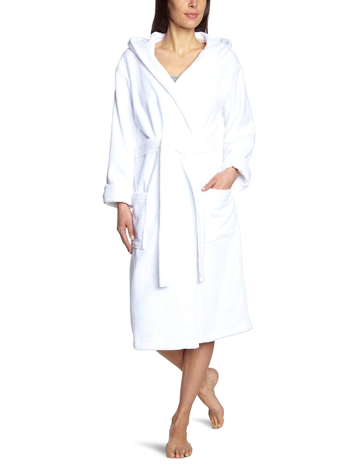 Schiesser Women's Bathrobe with Hood Terry Cloth 120 cm Length Cotton, White (100-white)