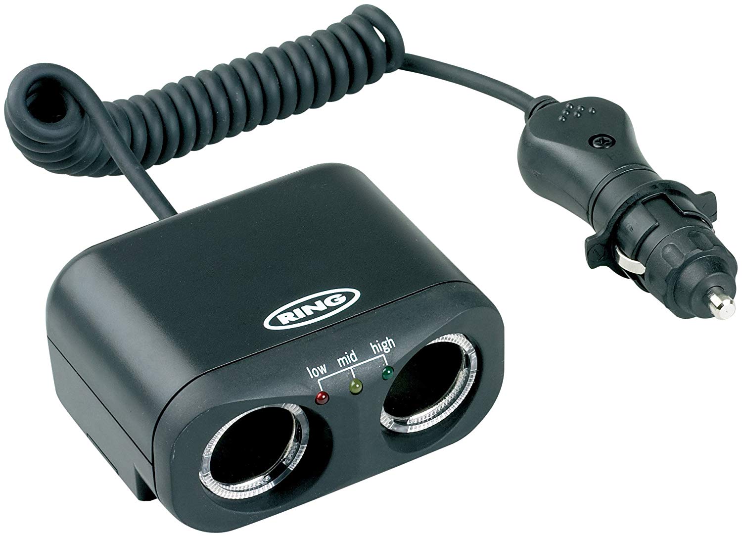 RING Two 12V Multi Socket Car Adaptor With Battery Analyser, Black/White, 2 Sockets
