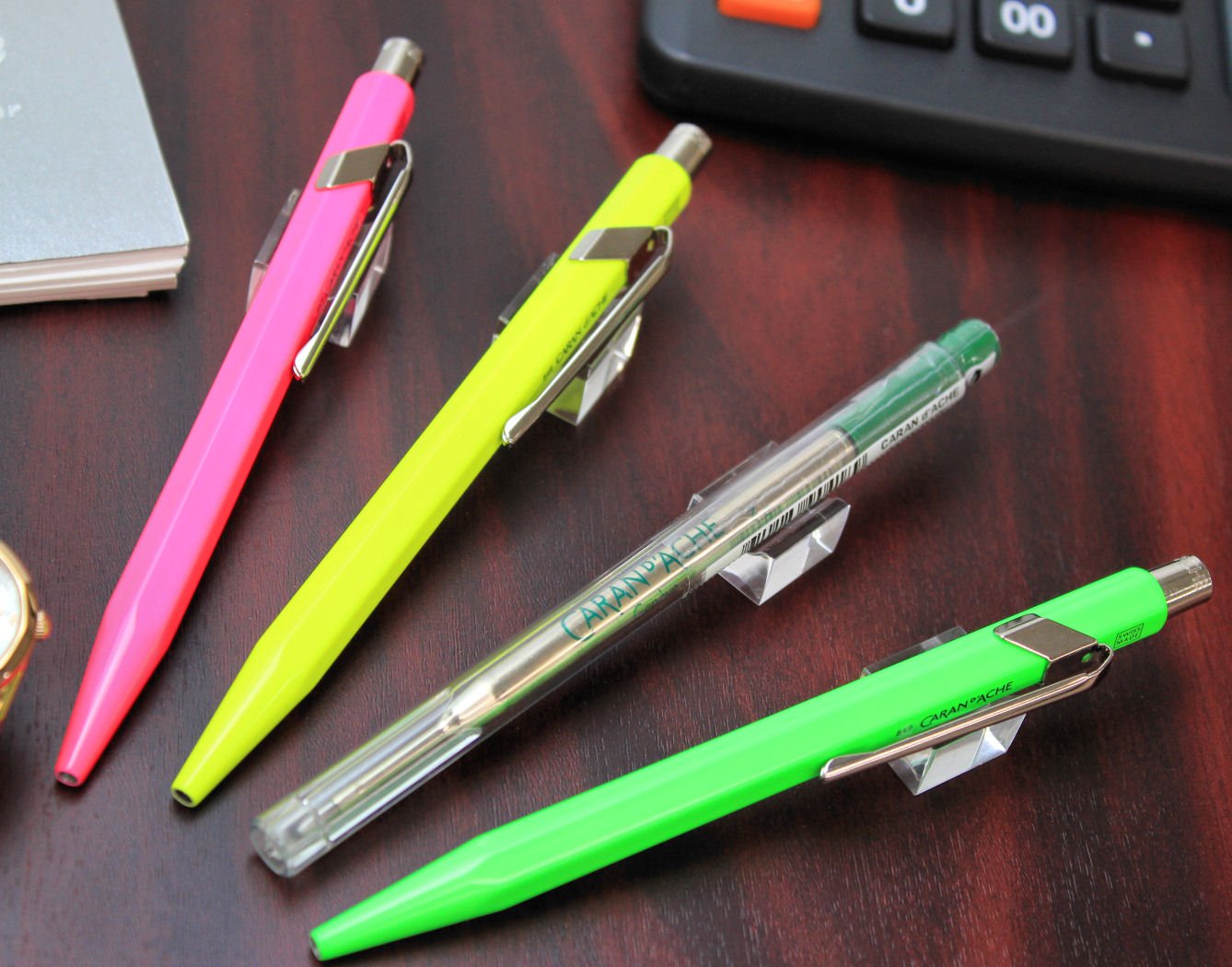 Caran Dache Ballpoint Pen, Fluorescent, green, with Goliath blue medium cartridge, Fluorescent Green - Image 4