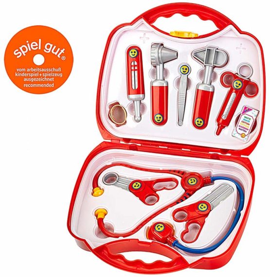 Theo Klein 4383 Doctor's Case I 14-part doctor's case with stethoscope, thermometer, syringe and practical handle for carrying I Dimensions: 28 cm x 9.5 cm x 22 cm I Toy for children aged 3 years and up