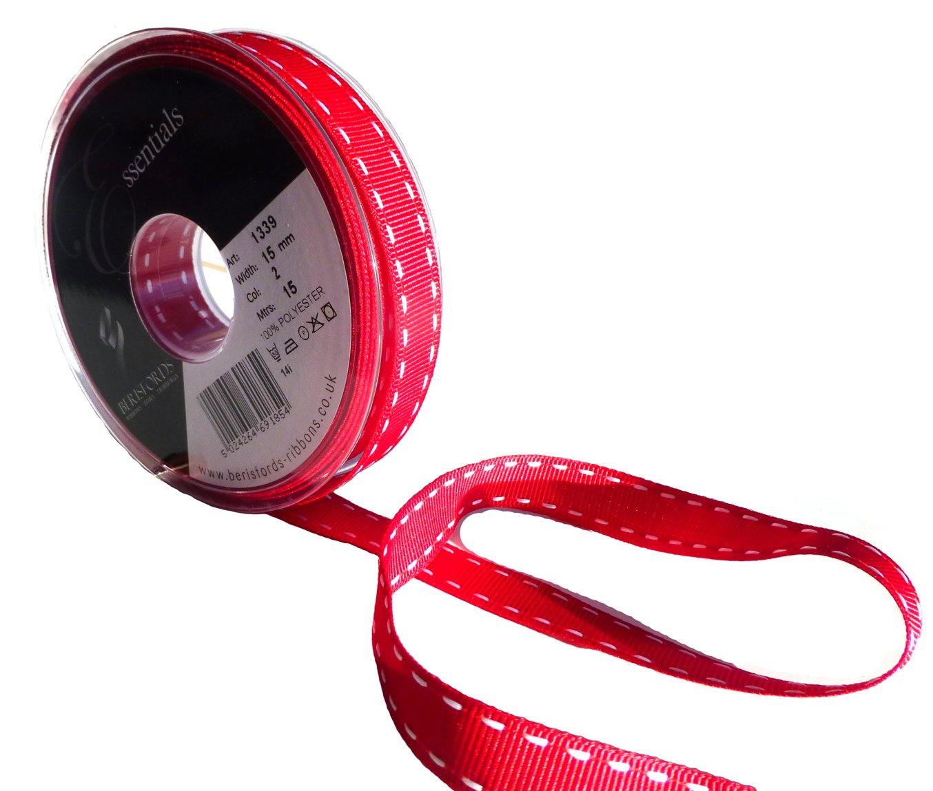Berisfords 1339-RW-15 15 mm Stitch Grosgrain Ribbon, Red/White, 15 mm x 15 m