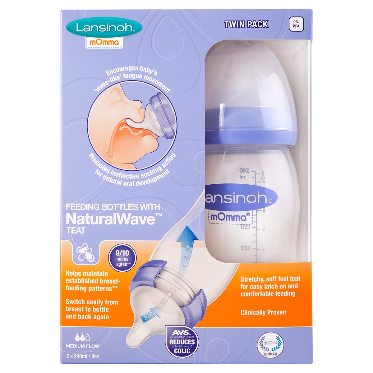 Lansinoh Laboratories Baby Bottles with NaturalWave Medium Flow Teat (240 ml, Pack of 2), LSH22, Plastic, 2 count (Pack of 1) - Image 3