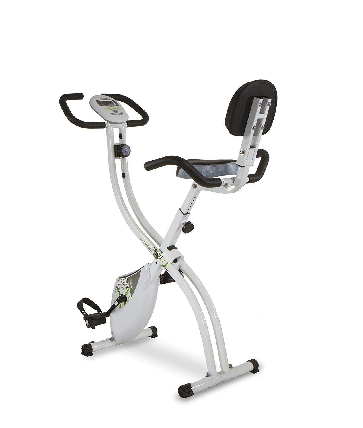 Tecnovita by BH BACK FIT YF91. Flywheel equivalent to 18 lbs. Get in shape in the comfort of your own home! Foldable fitness bicycle. Backrest and easy access. LCD Monitor. Folds easily. White