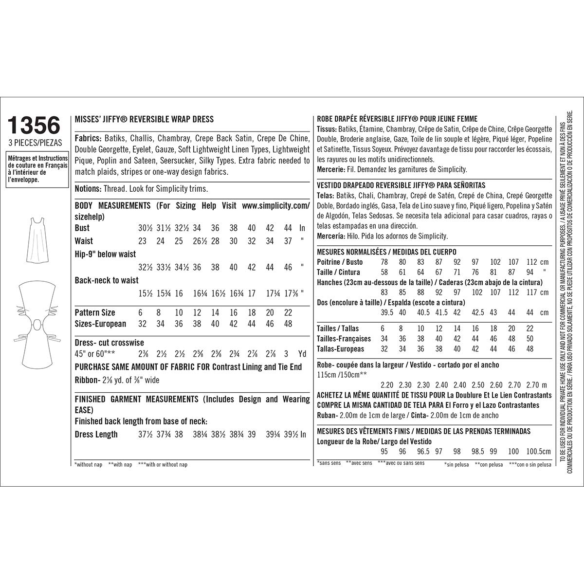 Simplicity 1356 Size H5 Misses Jiffy Reversible Wrap Dress Sewing Pattern, White, H5 (6-8-10-12-14) - Image 2