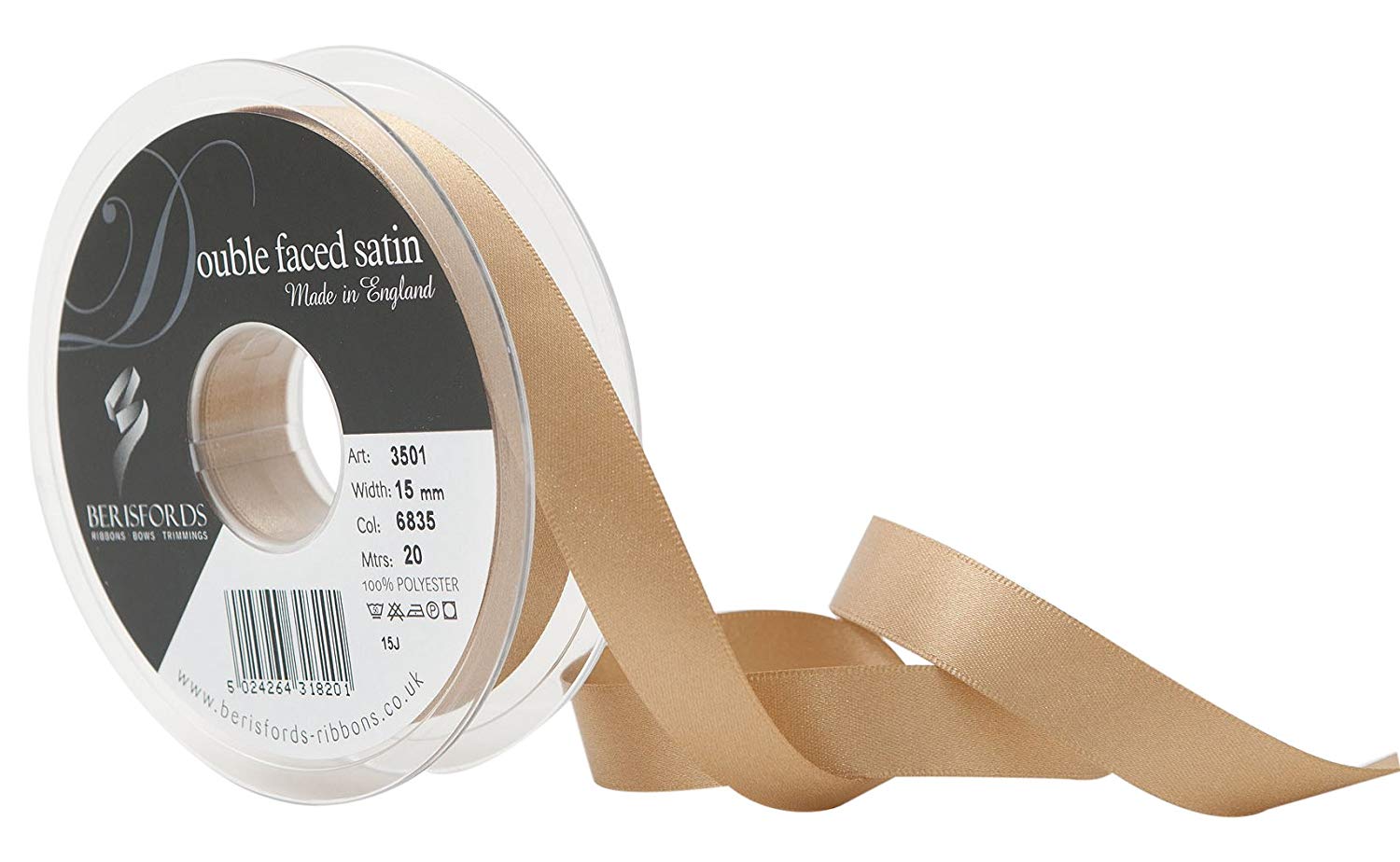 Berisfords Double FACE Poly Satin Ribbon, Straw, 10.5x10.5x3 cm, 15 mm