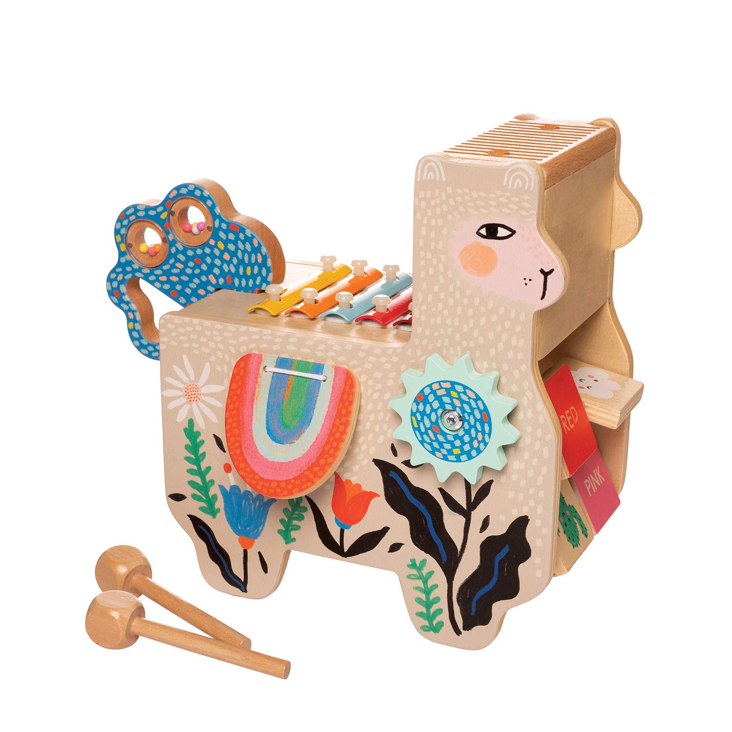 Manhattan Toy Musical Llama Wooden Instrument for Toddlers with Maraca Clacking Saddlebags, Drumsticks, Washboard and Xylophone