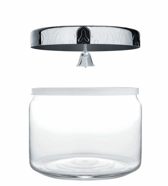 Alessi "Dressed Cookie Jar in Glass Lid in 18/10 Stainless Steel Mirror Polished With Bell And Relief Decoration, Silver - Image 2