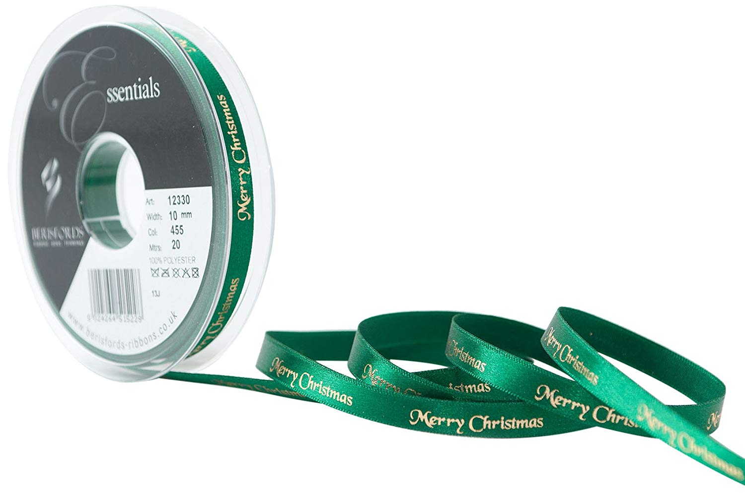 Berisfords 10 mm Merry Christmas Ribbon, Hunter, Green, 12330-HT-10
