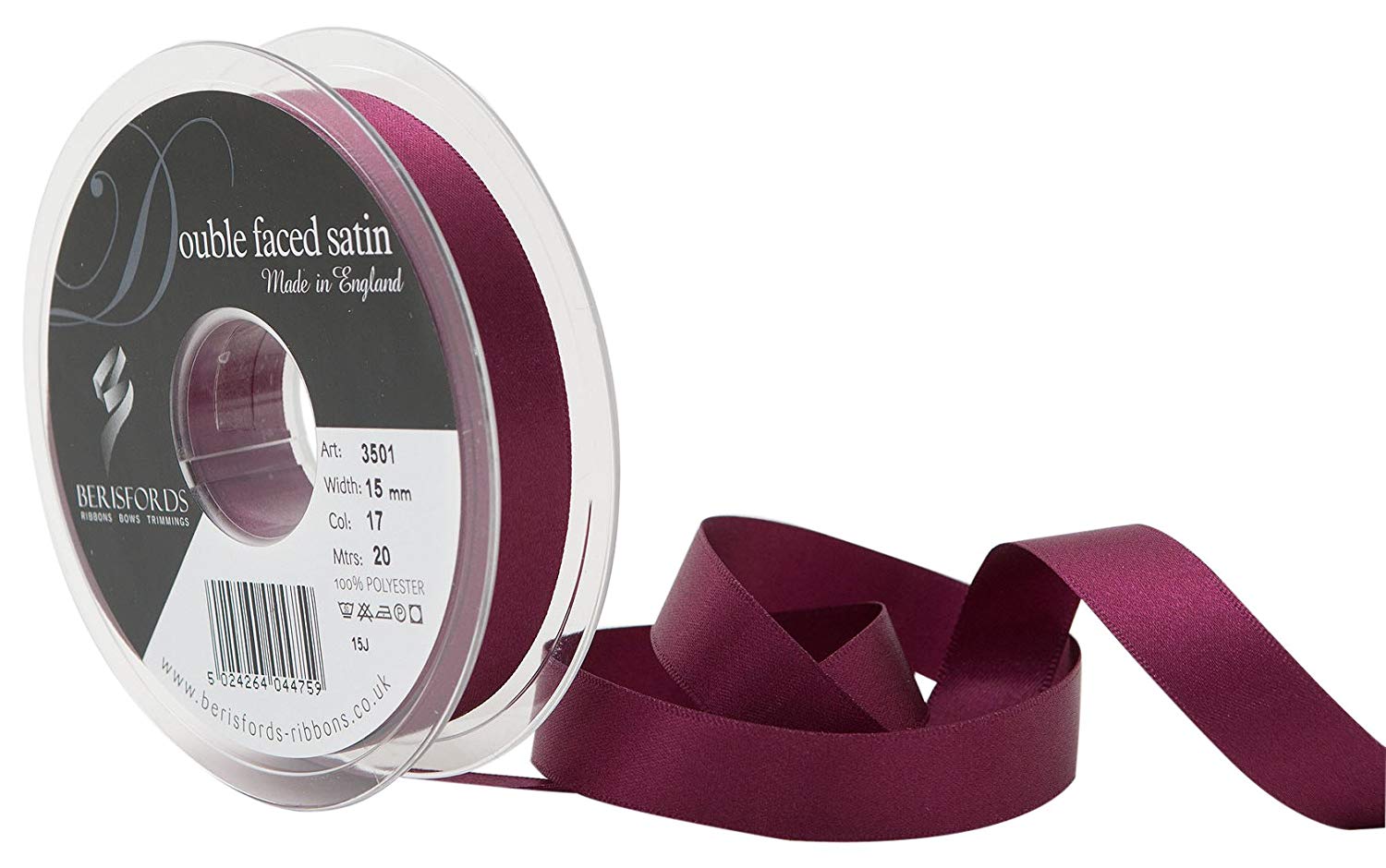 Berisfords Double FACE Poly Satin Ribbon, Wine, 15 mm