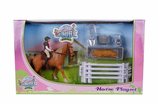 Kids Globe Horses Horse Play Set (Small Horse Playset, Kids Globe Farming, Playset) with 1 Horse, 1 Rider, Pasture Fence and Accessories - 640073